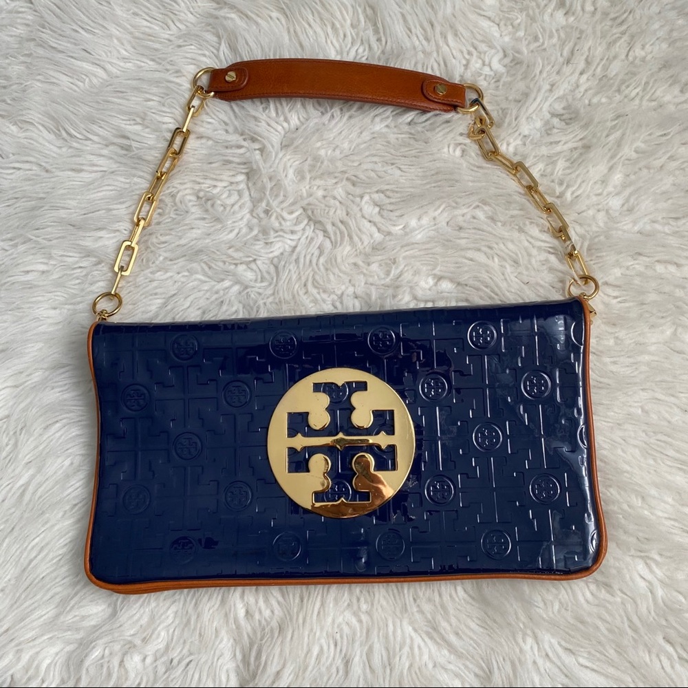 Tory Burch Navy and Gold Embossed Clutch